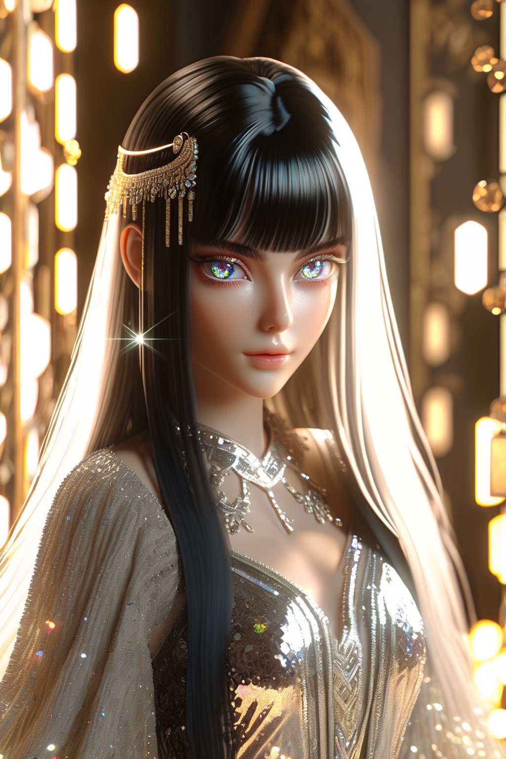 1 girl, European model, (athena:0.5), ((long black glossy hair)), straight bangs, ((shiny silver crystal colored eyes)), detailed eyes, (full body), blink and youll miss it detail, silk light clothes, golden glittering, high quality, textured background, very detailed, iridescent, intricate hairstyle ,clothing, softer lines, perfect hands, soft lighting, soft expression, front view, looking at viewer, soft smile, (thin delicate eyebrows:1.3) , unreal engine, realistic 