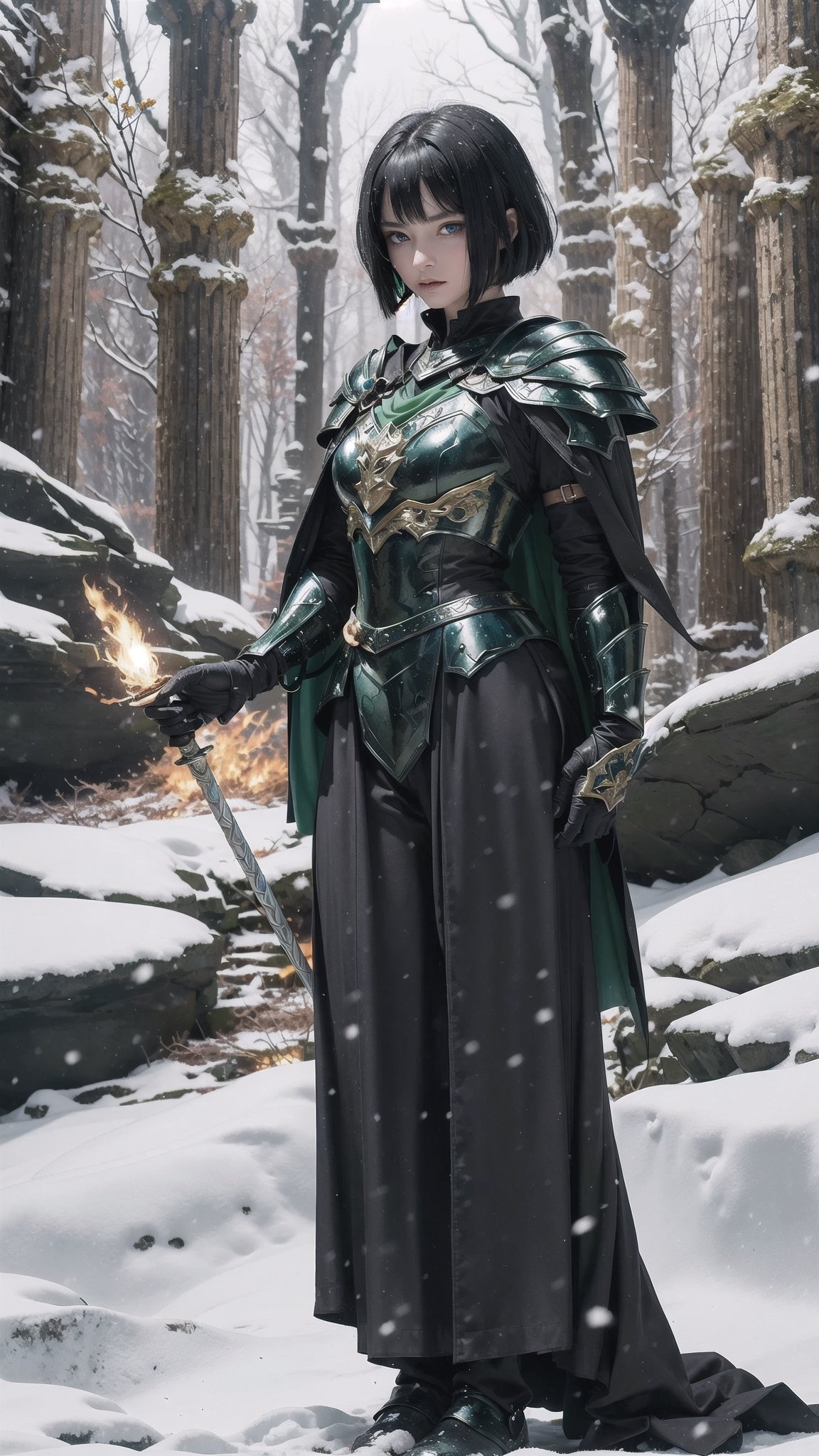 A young warrior with black hair, bright green eyes. edgAllmind has a serious expression. she is dressed in epic silver armor, the lady carries a fire staff in her hands, and her cape is silver, in the background there is a forest with snow, bs,edgAllmind, (sole_female), realistic, 4k, detailed