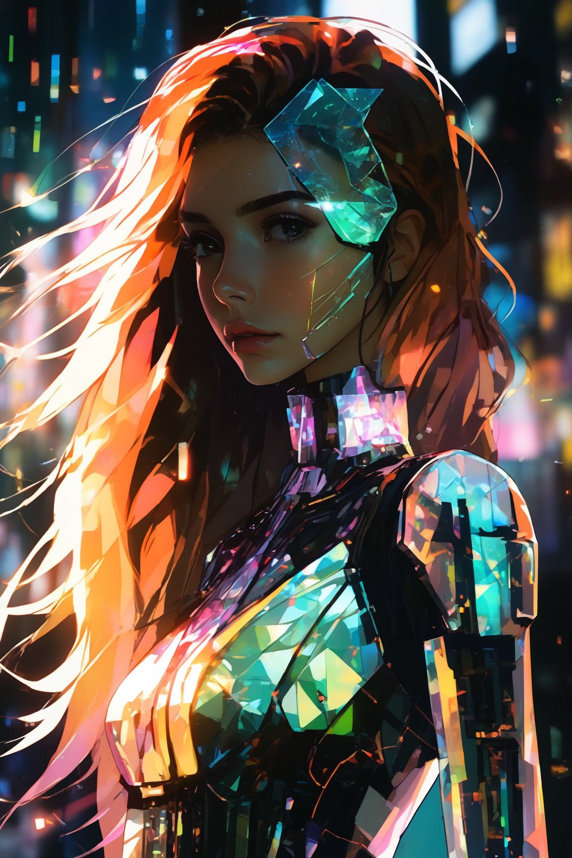 score_9, score_8, score_7, masterpiece, extremely detailed, broken glass effect, 1girl, solo, cyberpunk, transparent, cyborg, vivid, see-through, translucent, neon, detailed background, bokeh, creepy, vintage, see-through, facing front, upper body, internal organs, , orange hair, long hair, tied hair, hair over one eye, braless, long dress made of broken glass, crystal mask that refract light