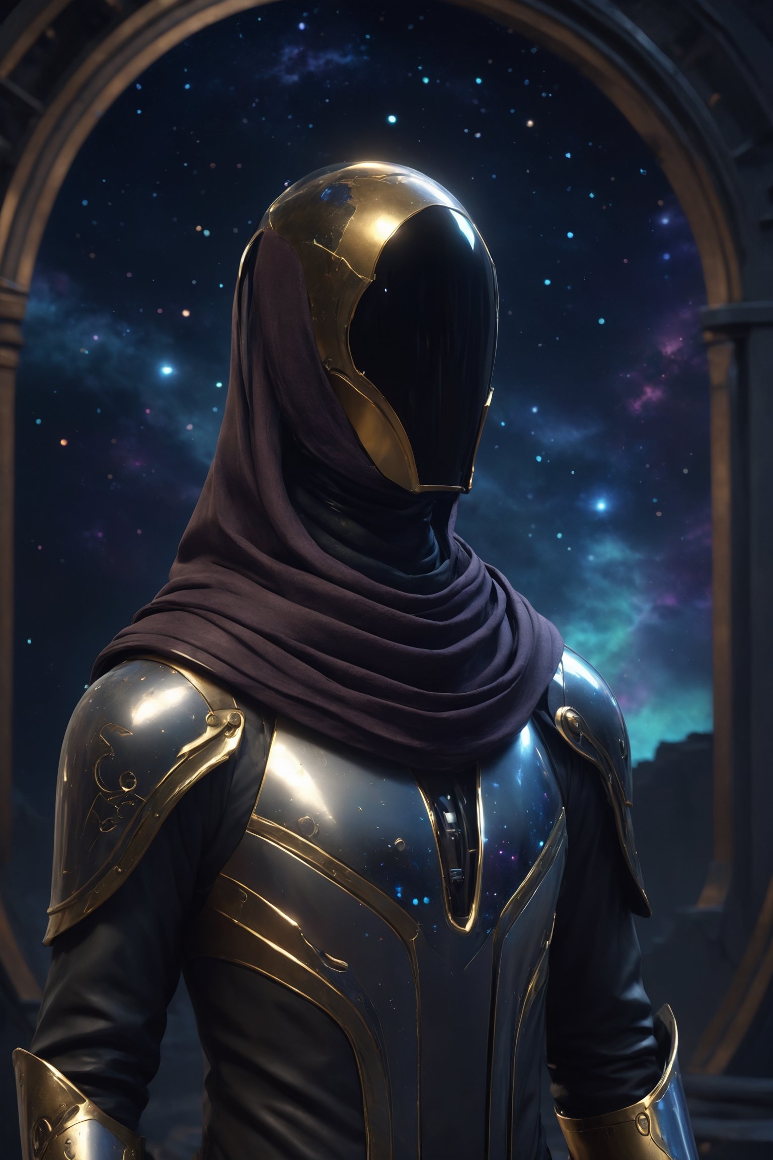 ParallelObserver, (colorgalaxy reflected on a reflexive helmet), metalic rim detailed helmet, 1boy, (leather long coat), scarf, [Renaissance themed], fantasy, front-view, upperbody, detailed, 3d render, unreal engine, colorgalaxy,disney pixar style, 