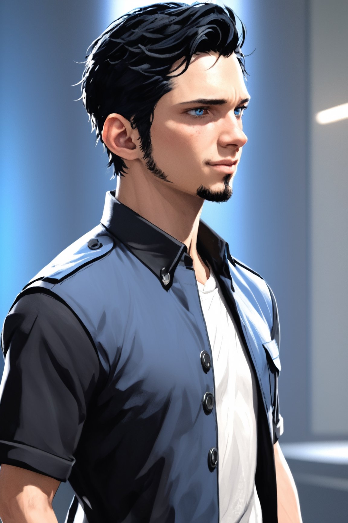 SalomanElfric, 27yo, solo, short hair, blue eyes, shirt, black hair, stylish hair swept to the right, sole male, full body, male focus, (facial hair,sideburns, goatee:1.3), mature male, unreal engine, cartoon, giving a speech in the council of the 9, sci-fi, white metallic room, full body, standing, grandiose 