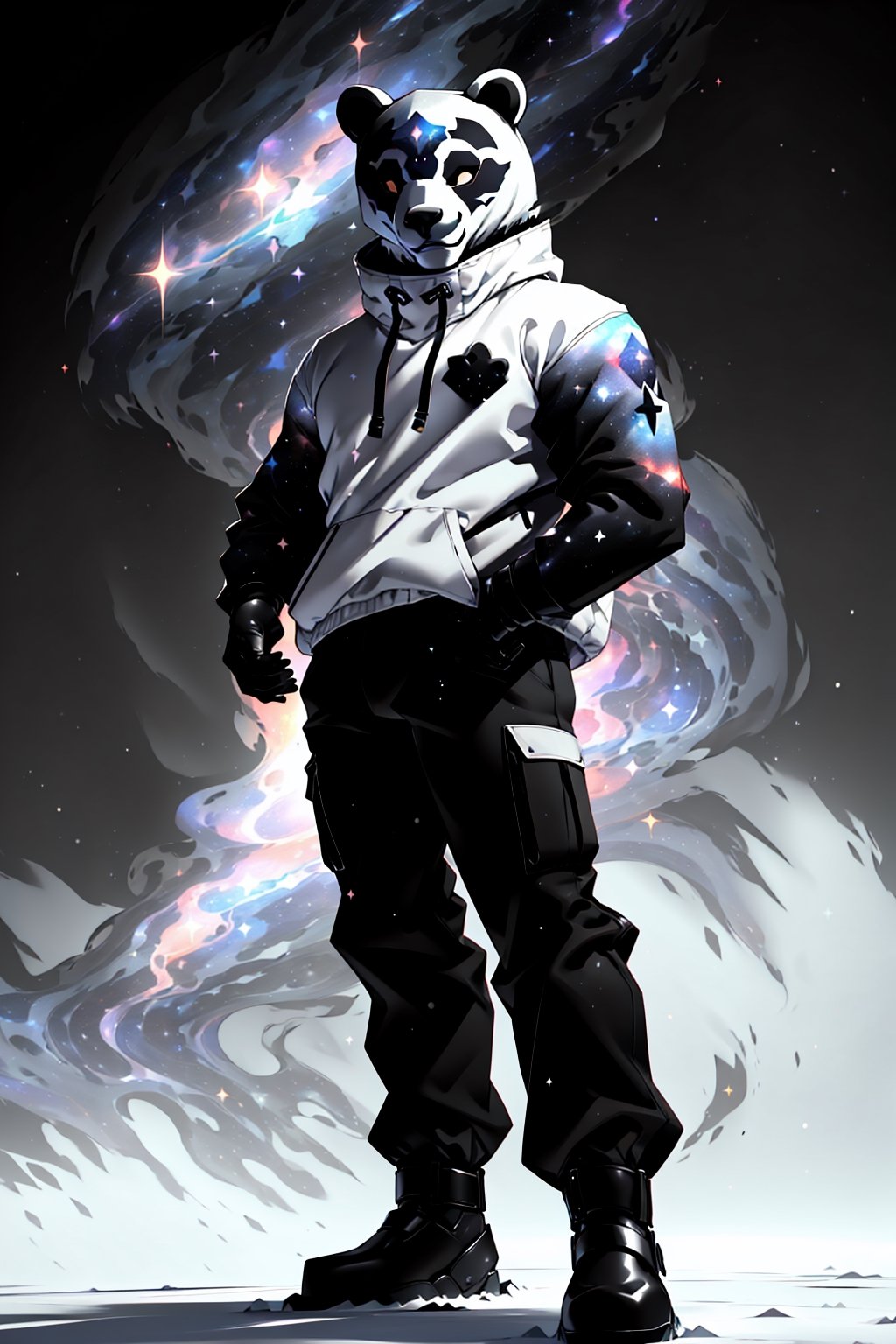 solo_male, strong, muscular, solo, (slim), simple background, gloves, animal ears, full body, (black skin), grey background, glowing, no pupils, (human_lip), starry sky print, (white bear mask:1.2), sleek mask, 1 mask, (black celestial winter clothes:1.2), turtleneck, cargo pants, dinamic photo, mystic, 3d render, unreal engine,Celestial Skin,