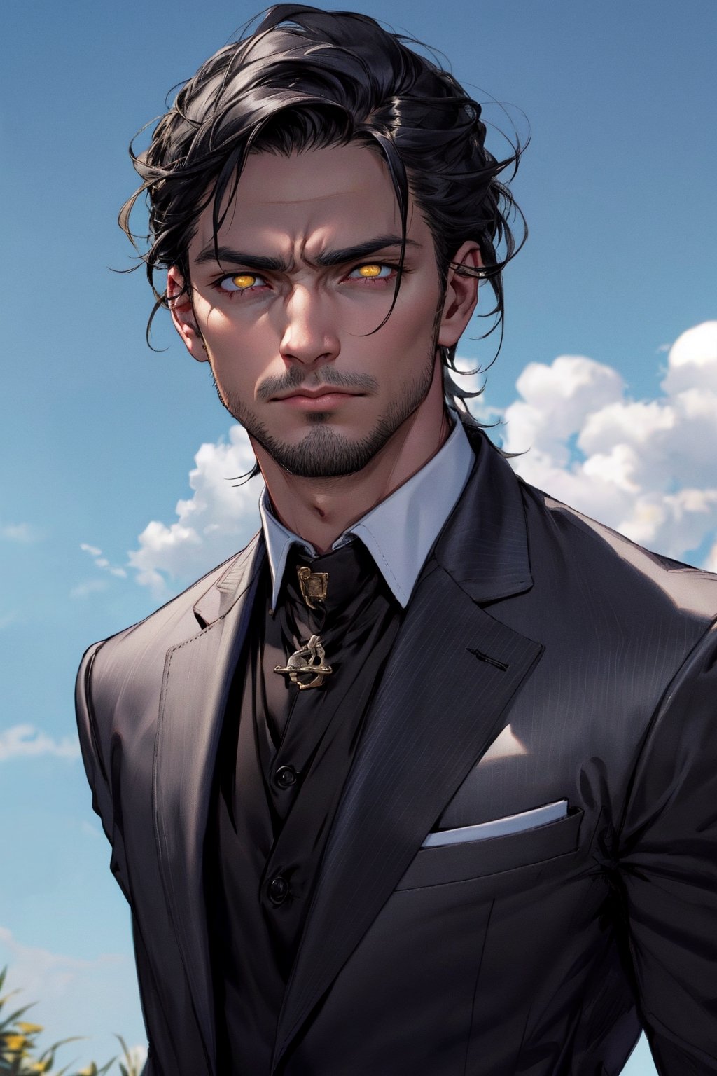 calcasian man with long black hair side swept to the right, golden eyes glowing yelow, hands on pockets, white skin, wearing a black suit, big white clouds moving in a light blue sky, very luminous, 8k, realistic, Add more detail, man, disgusted face,guy, realhands,man,Add more detail,disgusted face,looking at viewer, portrait,