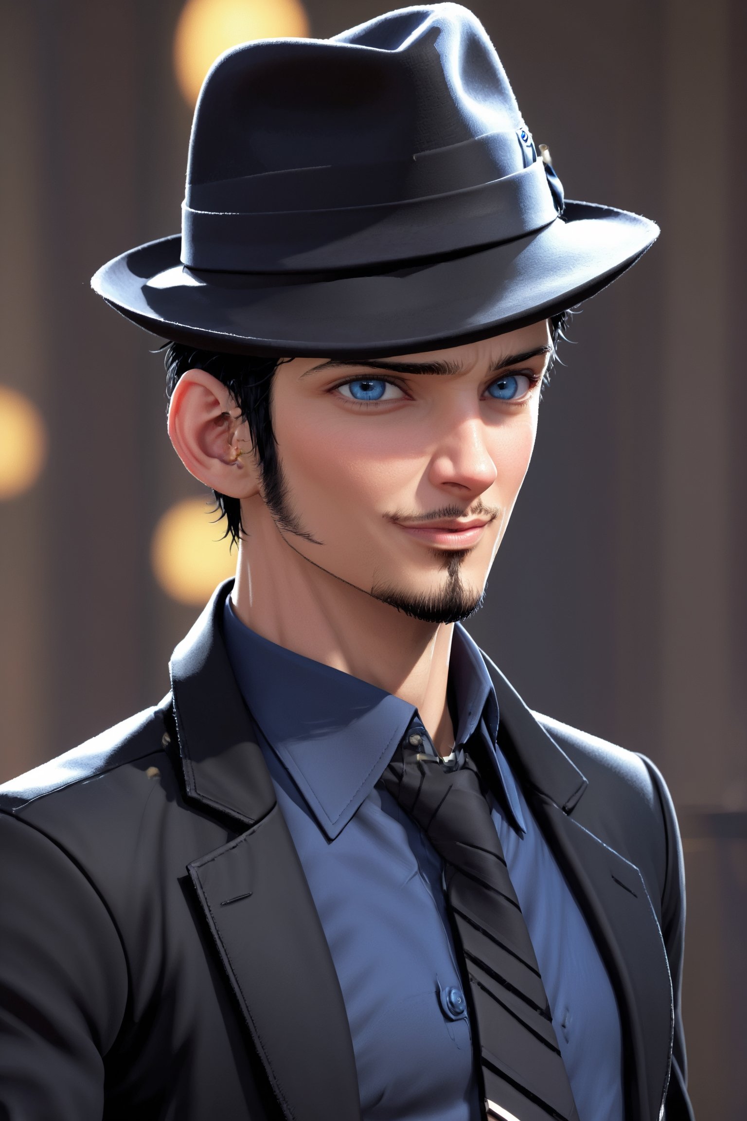 SalomanElfric, 35yo, solo, short hair, blue eyes, shirt, black hair, sole_male, fedora hat, jacket, upper body, male focus, necktie, black jacket, black headwear, (facial hair,sideburns, goatee:1.3), formal, suit, mature male, cartoon, unreal engine