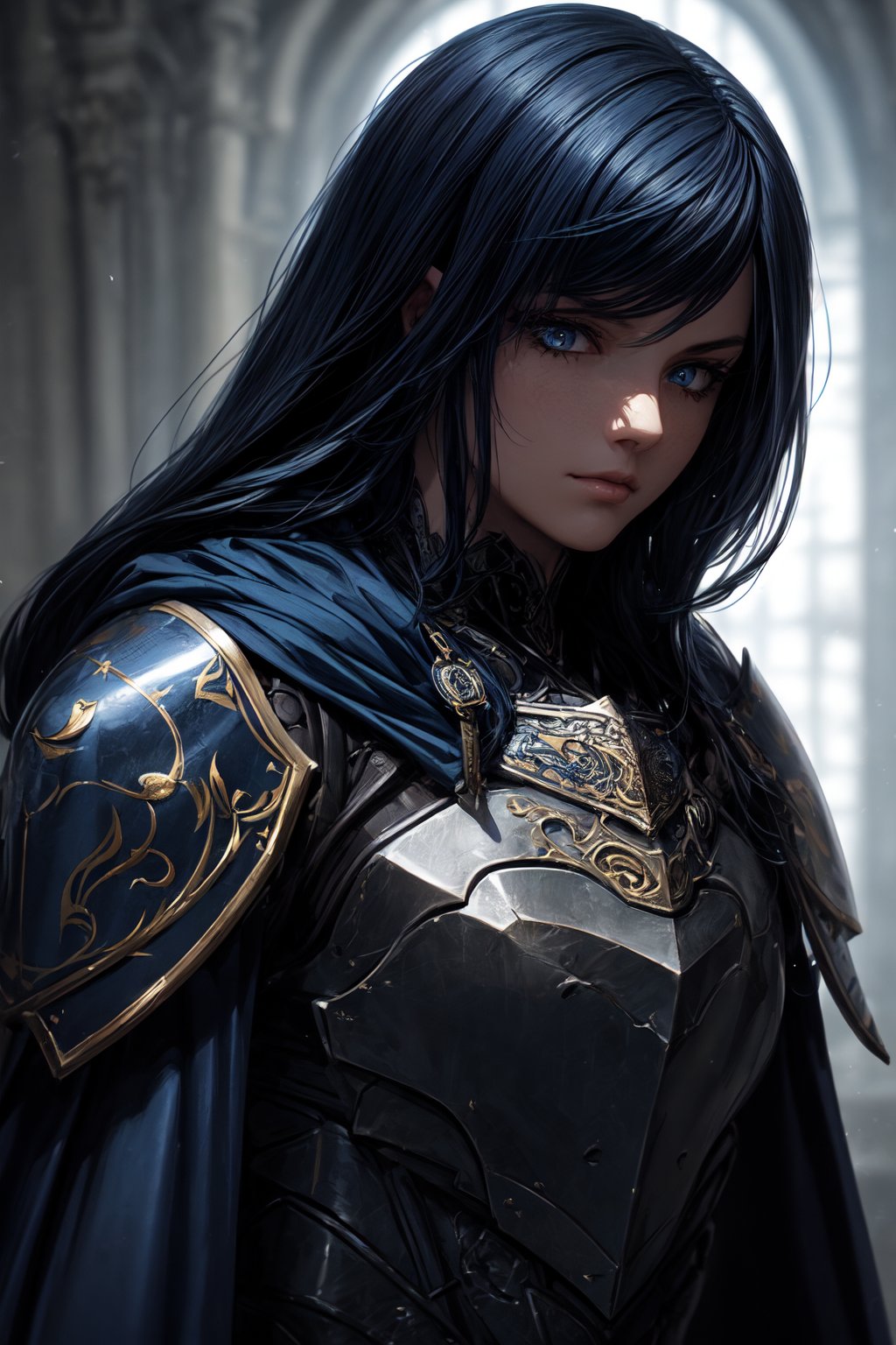 (masterpiece, best quality) extremely detailed, intricately detailed, ((portrait)), 1_boy, ((artificer, wizard,assasin)), (Steel smooth armor, dark blue trim, cloth attachments, blue cloak), black blue hair, 27yo, fit, glowing eyes, chiaroscuro lighting, ray tracing, polished, high resolution, volumetric lightning,medieval armor,roblit