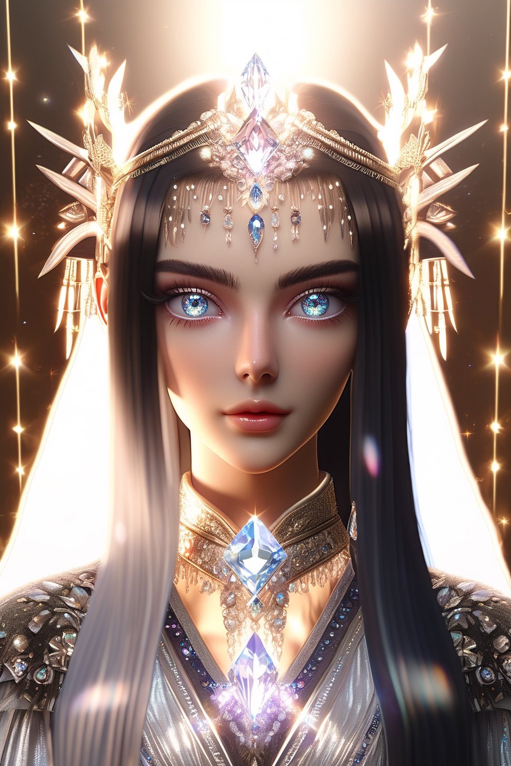 1 girl, European model, (athena:0.5), ((long black glossy hair)), straight bangs, ((shiny silver crystal colored eyes)), detailed eyes, (full body), blink and youll miss it detail, silk light clothes, golden glittering, high quality, textured background, very detailed, iridescent, intricate hairstyle ,clothing, softer lines, perfect hands, soft lighting, soft expression, front view, looking at viewer, soft smile, (thin delicate eyebrows:1.3) , unreal engine, realistic 