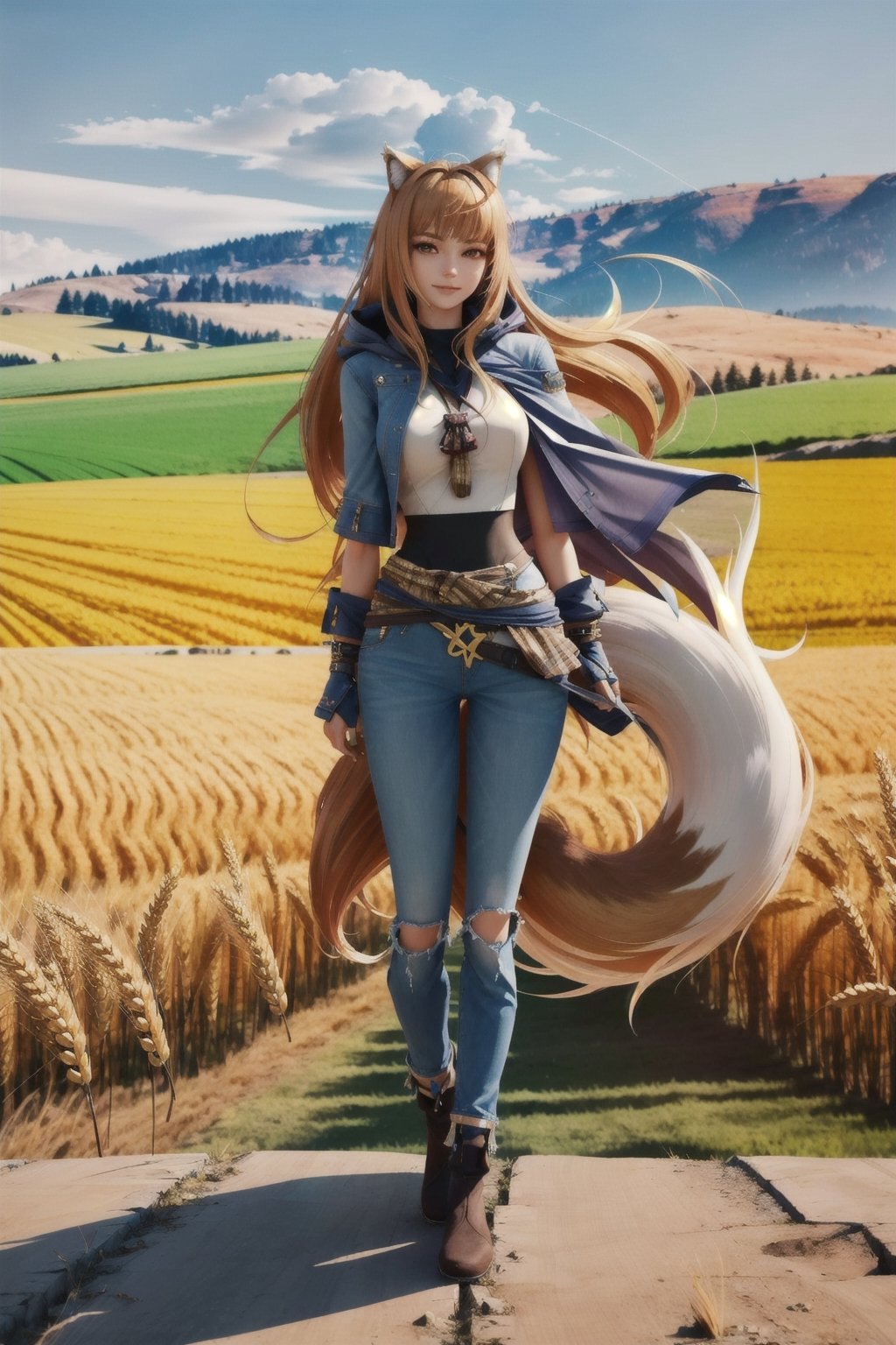 holo, long hair, wolf tail, animal ears, golden shining hair, wheat field, plains, common clothes, happy, full body, unreal_engine, ultra detailed, hdr, 4k