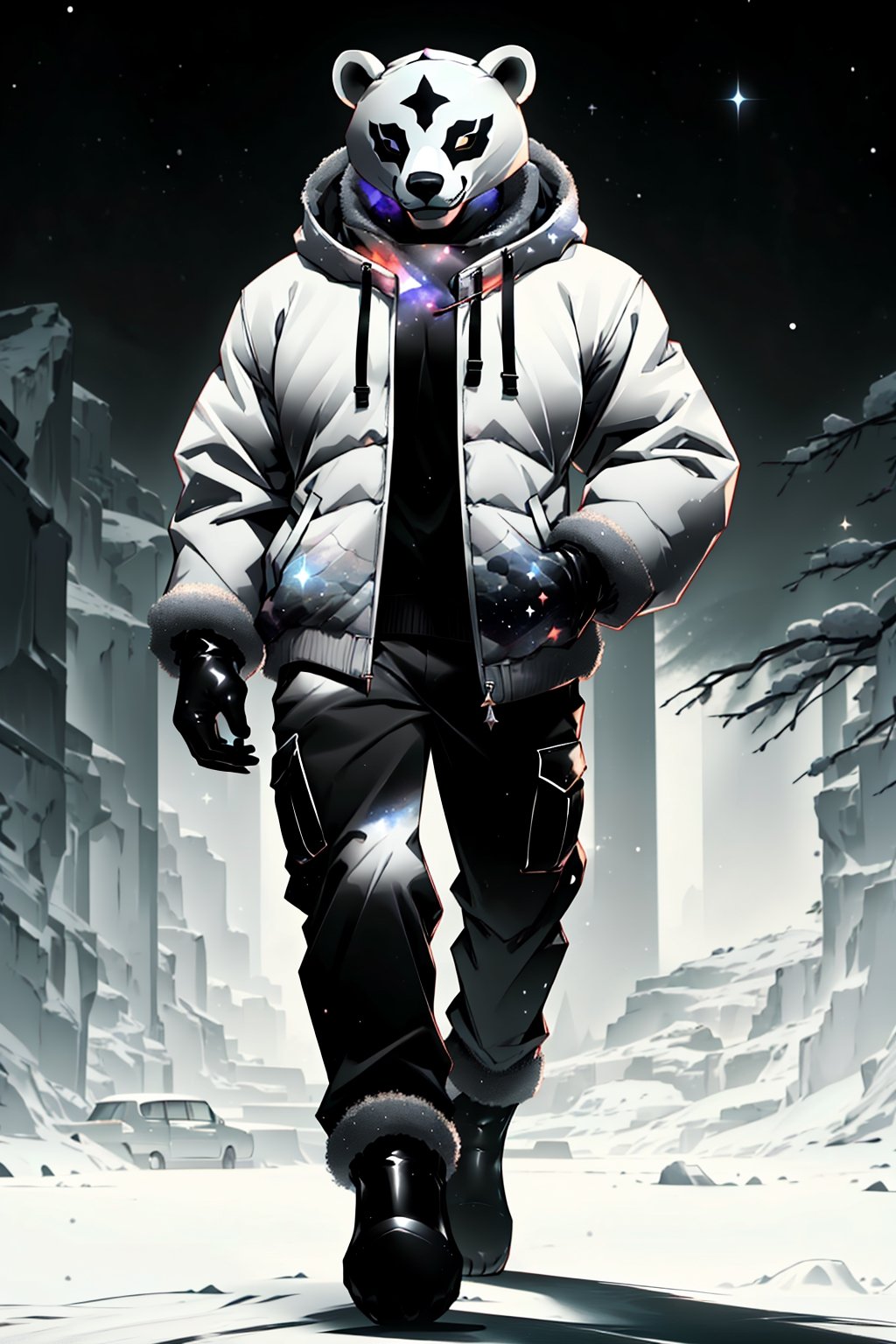 solo_male, strong, muscular, solo, (slim), simple background, gloves, animal ears, full body, (black skin), grey background, glowing, no pupils, (human_lip), starry sky print, (white bear mask:1.2), sleek mask, 1 mask, (black celestial winter clothes:1.2), turtleneck, cargo pants, dinamic photo, mystic, 3d render, unreal engine,Celestial Skin,