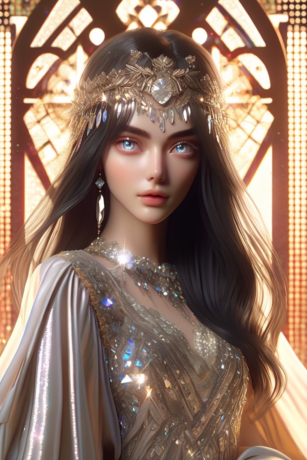 1 girl, European model, (athena:0.5), ((long black glossy hair)), straight bangs, ((shiny silver crystal colored eyes)), detailed eyes, (full body), blink and youll miss it detail, silk light clothes, golden glittering, high quality, textured background, very detailed, iridescent, intricate hairstyle ,clothing, softer lines, perfect hands, soft lighting, soft expression, front view, looking at viewer, soft smile, (thin delicate eyebrows:1.3) , unreal engine, realistic 