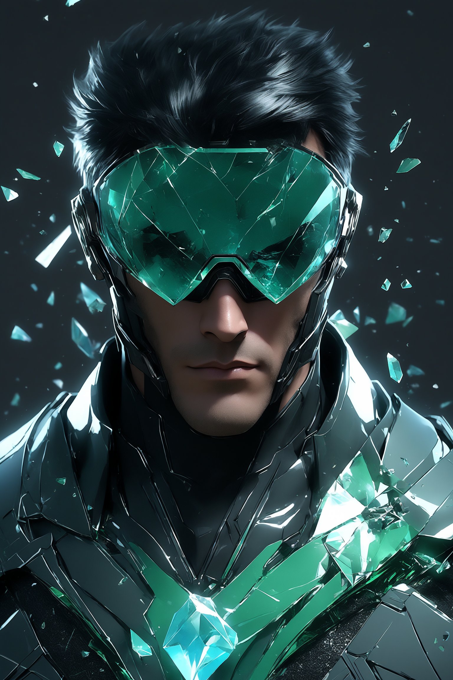 sole_male, German, medium black hair with layers, (square jawline:0.8), handsome, muscular, long sleeves (clear crystal sci-fi glasses), broken glass formal green suit, white skin, (cyan eyes), short black styled hair, clean face, serene expression, boss demeanor, magnate, masterpiece, digital art, award winner, serene, bright colors, octane, 3d render, realistic, shards