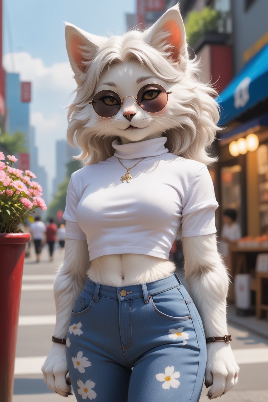 In this summer morning, I saw this model cat named Xiao Hua, smartly across the street, fashion sense is full! Paired with a crisp white T-shirt and trendy jeans and a pair of sunglasses, the whole look can't be taken away. Popular elements interwoven out of the trend style, small flowers is simply the city's most beautiful scenery line! 🕶️👖,Jiezuo, best quality, 32k resolution,A cute cat that walks upright like a human,Lovely Mimi, real photos,WhiteWolf,Detailed background,WhiteWolf,Real hair details, real hair,WhiteWolf,turtleneck crop top,Coat, abdominal muscles,Real hair,Real hair,Cats, cats that have always been like humans.,Xxmix_Catecat