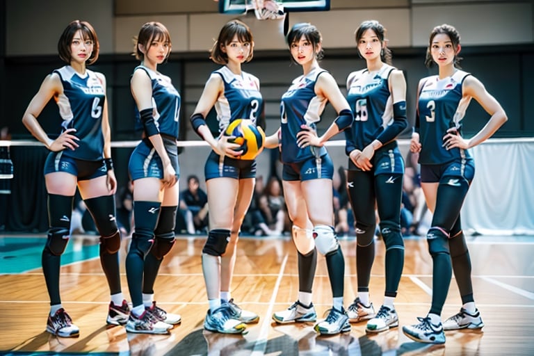 6 women standing together, smooth matte skin, background inside basketball court, ultra-realistic photograph, ,high quality realistic detail, full body pose,yogapants,volleyball uniform