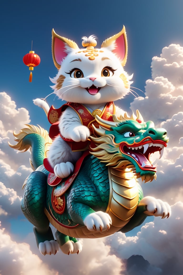 create a cute cat riding cute Chinese dragon through the clouds and speed feeling,face funny, happy Chinese new year mood,Japan style,surrounded by star,hyperquality,C4D,blender,photorealistic,UHD,hyper resolution,Rembrandt lighting,8k,hyper realistic,Unreal Engine 5.