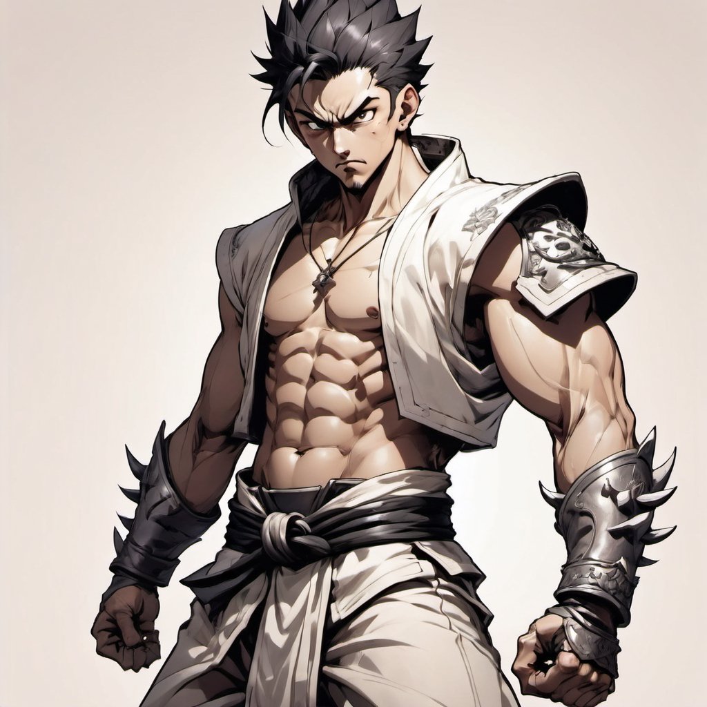 anime style, handsome martial artist male, short spiky hair, very tall, martial arts headband, dnd monk, angry face yelling, wearing open shirt. fit body six pack, wearing iron gauntlets, monochrome, white background, monochrome, white background,nestskyo