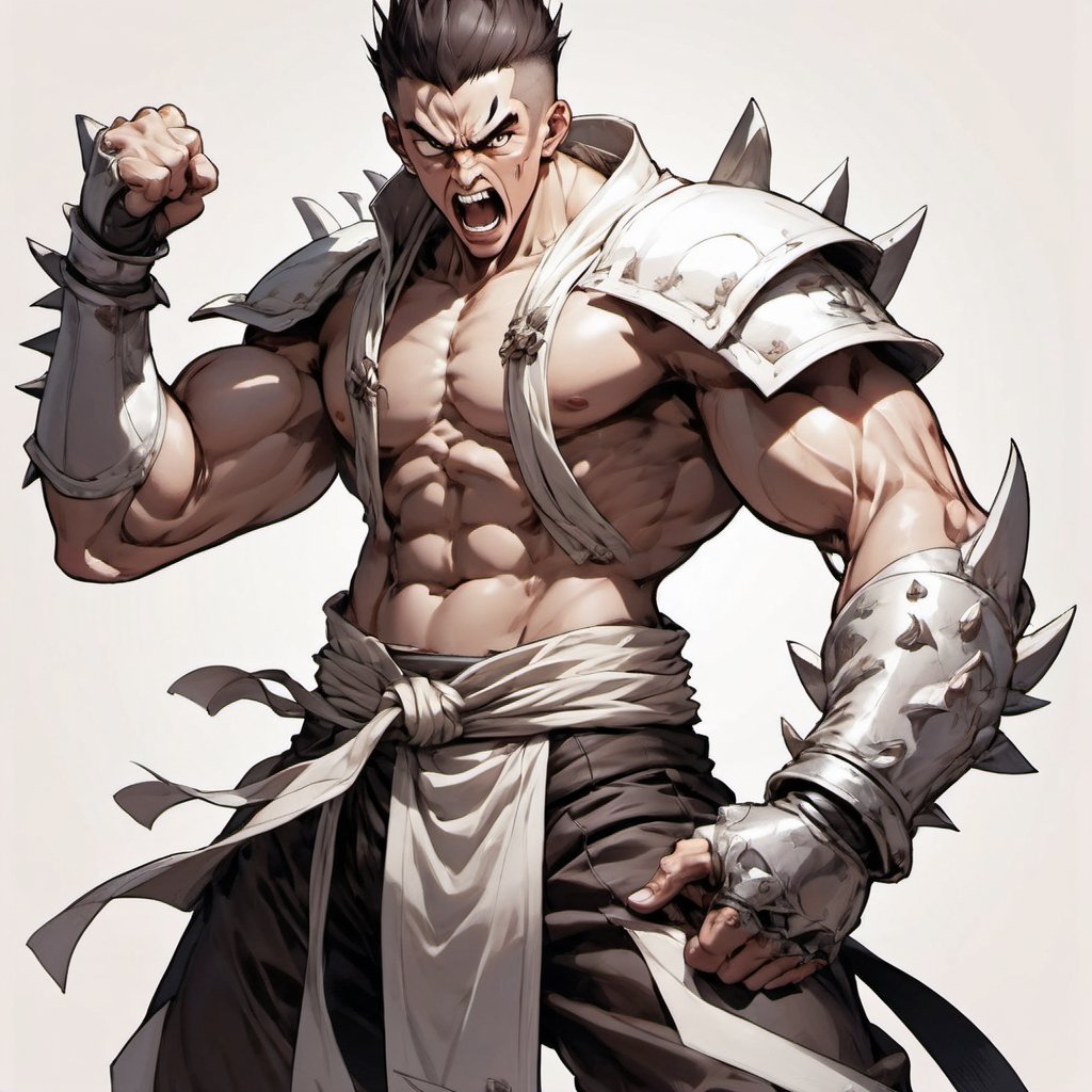 anime style, handsome martial artist male, short spiky hair, very tall, martial arts headband, dnd monk, angry face yelling, wearing open shirt. fit body six pack, wearing iron gauntlets, monochrome, white background, monochrome, white background,nestskyo