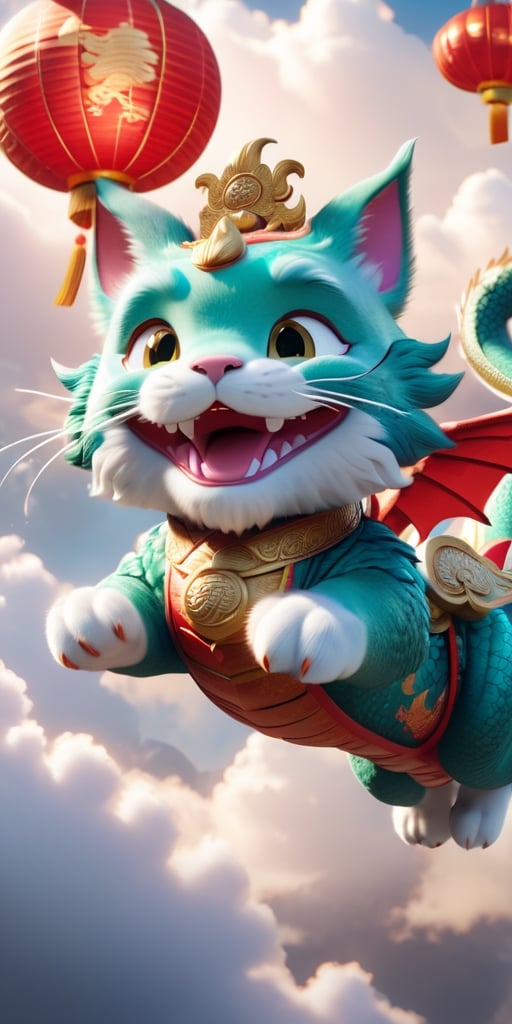 create a cute cat riding cute Chinese dragon through the clouds and speed feeling,face funny, happy Chinese new year mood,Japan style,surrounded by star,hyperquality,C4D,blender,photorealistic,UHD,hyper resolution,Rembrandt lighting,8k,hyper realistic,Unreal Engine 5.