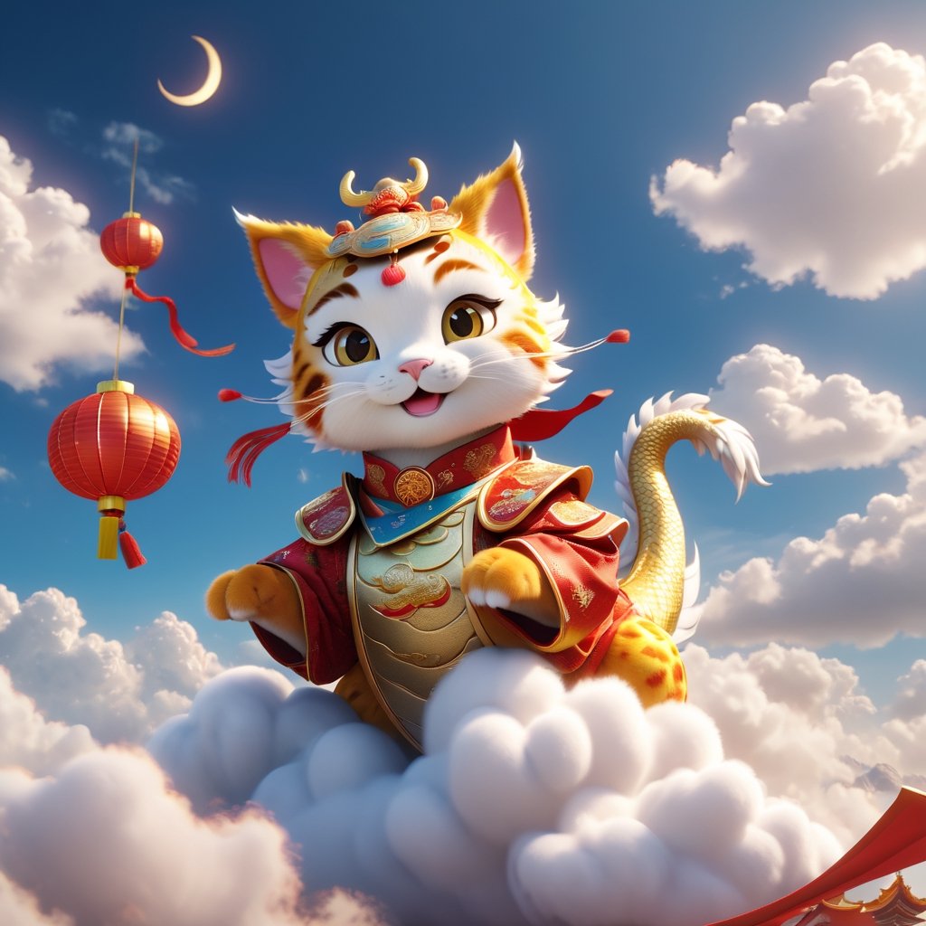 create a cute cat riding cute Chinese dragon through the clouds and speed feeling,face funny, happy Chinese new year mood,Japan style,surrounded by star,hyperquality,C4D,blender,photorealistic,UHD,hyper resolution,Rembrandt lighting,8k,hyper realistic,Unreal Engine 5.