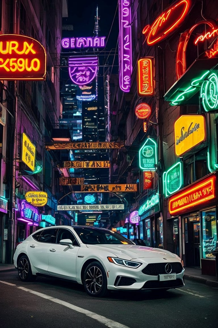 Generate a detailed image of a luxurious vehicle in a futuristic city surrounded by neon lights.,Masterpiece