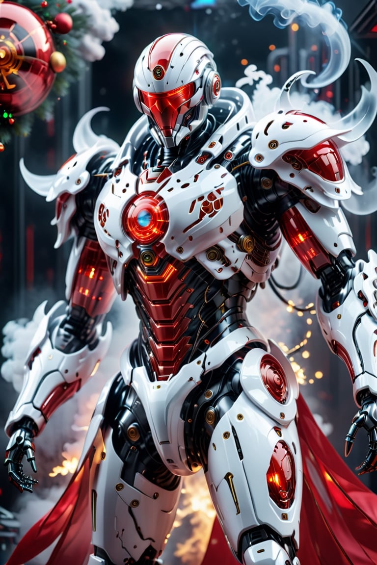 ,[a  red white lighting translucent phantom made of smoke,fire] robot,frostracetech,robot,more detail XL,cyborg style, Christmas theme,science fiction background