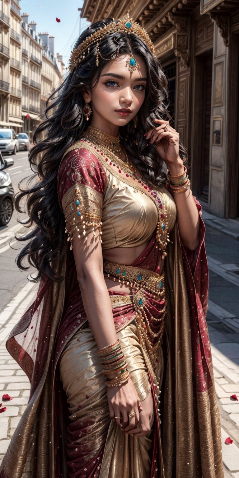 (GODDESS), (she is surrounded by her dark long ebony hair all around her body). (large amazing jewels), godly glow, (her body is wrapped in dark maroon A-lin regal dress), ((very long hair )),3DMM, High detailed, detailed skin texture, hyperrealistic, UHD, 8k, m4d4m,aditi,paris backround,empty street,rose petals flowing on air,honey