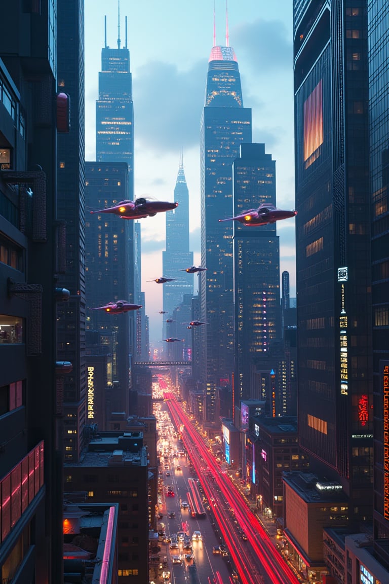 A sprawling futuristic urban landscape at dusk, towering skyscrapers with neon lights, hovering vehicles zipping through the air, dynamic composition with a wide-angle shot, high contrast lighting, and a sense of motion, capturing the bustling energy of the city.