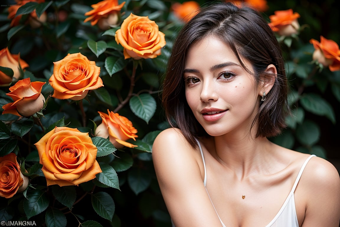 Ultra-realistic photo of Sofía Vergara, 1girl, 22yo, masterpiece, best quality, photorealistic, raw photo, short hair, gucci style, light smile, detailed skin, black cloth, low key, South America, roses, orange trees_background