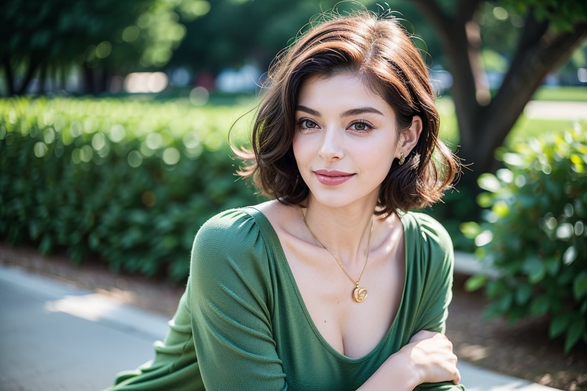 Ultra-realistic photo of  Anne Bancroft, 1girl, 22yo, masterpiece, best quality, photorealistic, raw photo, short hair, gucci style, light smile, detailed skin, green cloth, view from the left side, low key, University_background