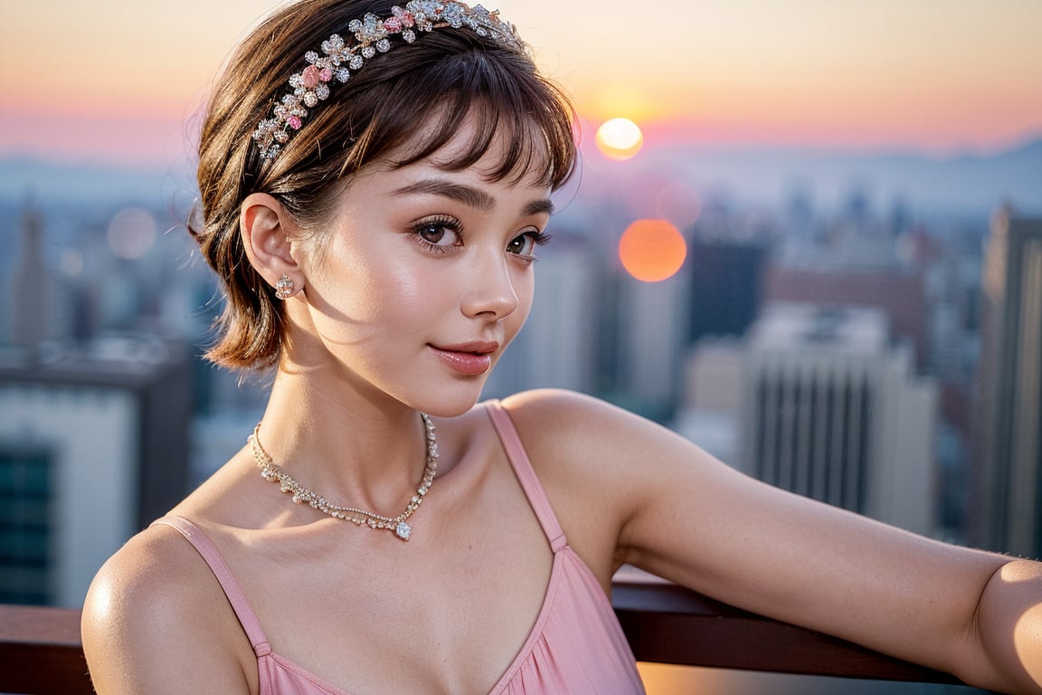 Ultra-realistic photo of Audrey Hepburn, 1girl, 22yo, masterpiece, best quality, photorealistic, raw photo, short hair, gucci style, light smile, pink cloth, view from the left side, low key, sunset_background