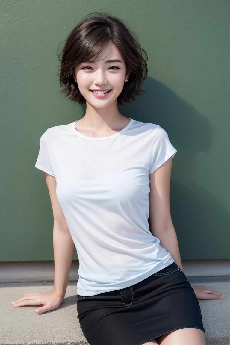 masterpiece, best quality, photorealistic, raw photo, 1girl, short hair, college student, light smile, detailed skin, pore, black cloth,  low key, street_background