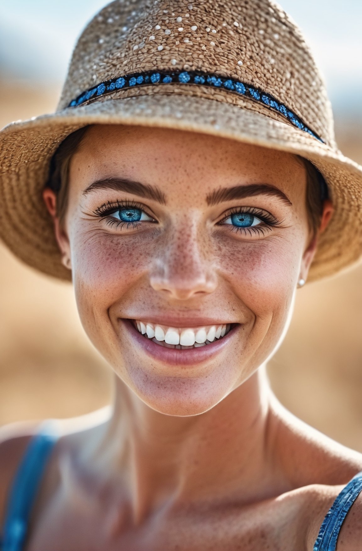 beautiful lady, (freckles), big smile, blue eyes, short hair, dark makeup, hyperdetailed photography, soft light,  panoramic image   Wearing a hat and sunglasses. 