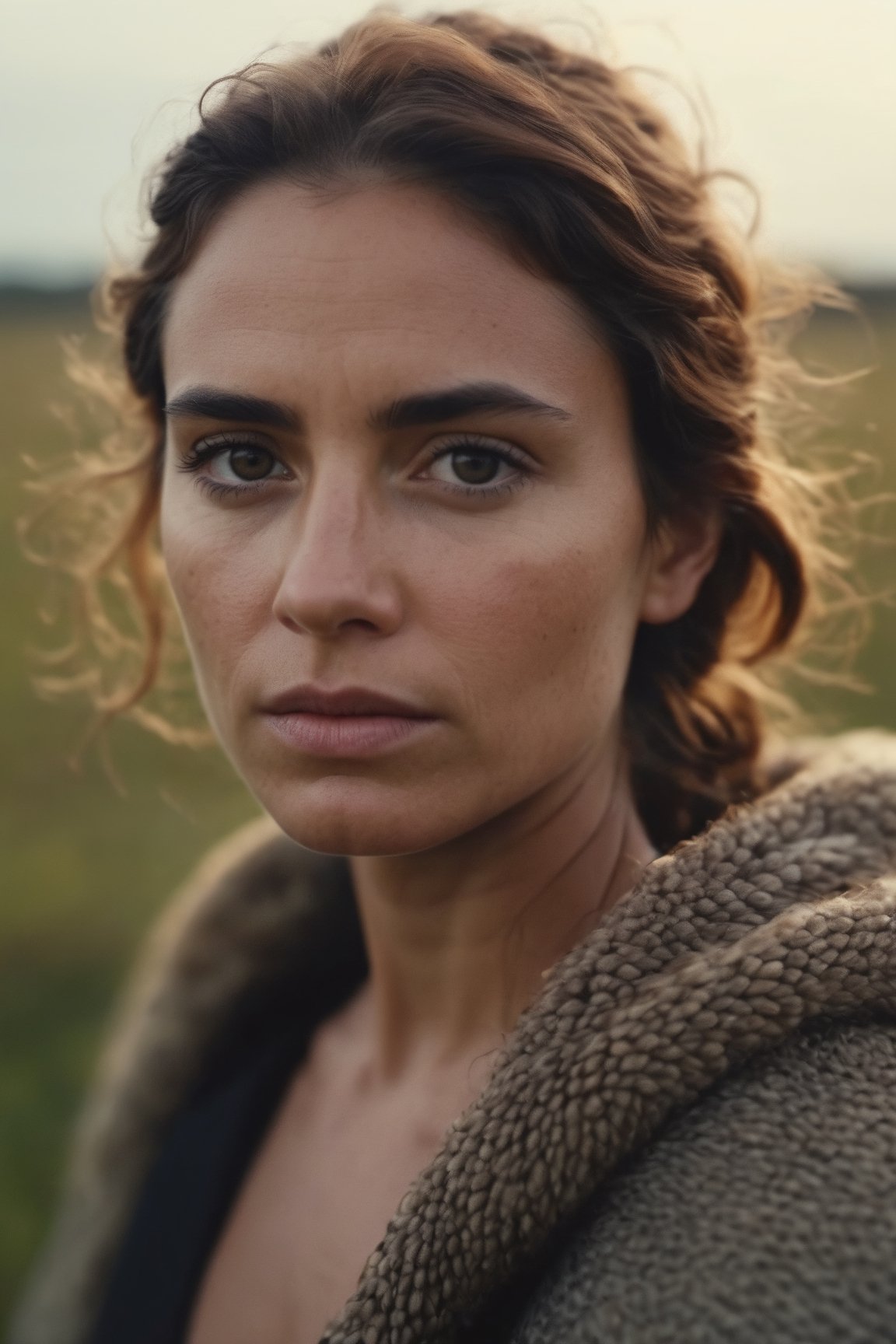 photograph close up portrait of Female. serious, stoic cinematic 4k epic detailed 4k epic detailed photograph shot on kodak detailed bokeh cinematic hbo dark moody standing in field feeding stray animals 