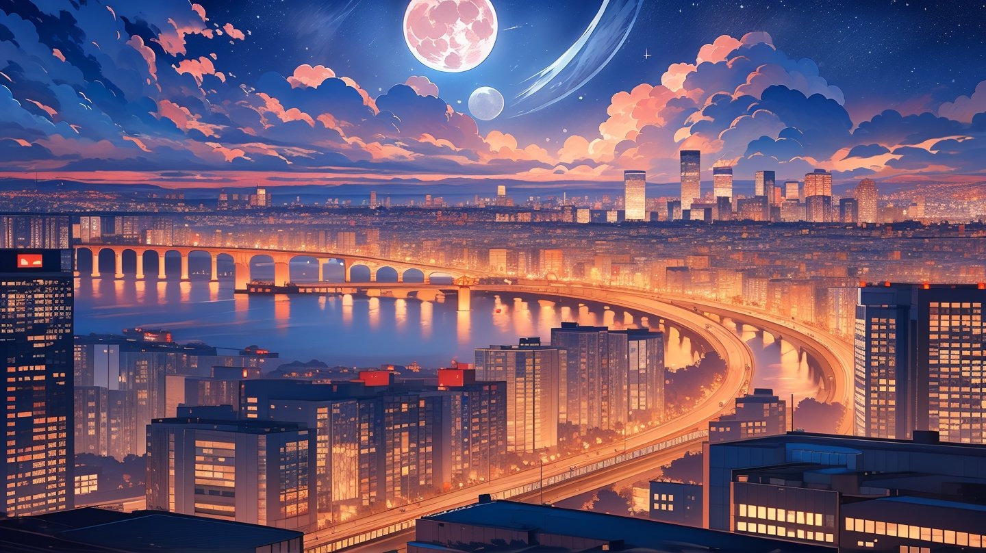 masterpiece:1.3, best quality:1.3, 8k raw ,sky,raining, cloud, no humans, night, moon, cloudy sky, building, star , night sky, scenery, full moon, city, cityscape, skyscraper, city lights, balcony,midjourney,no people,lofi style,