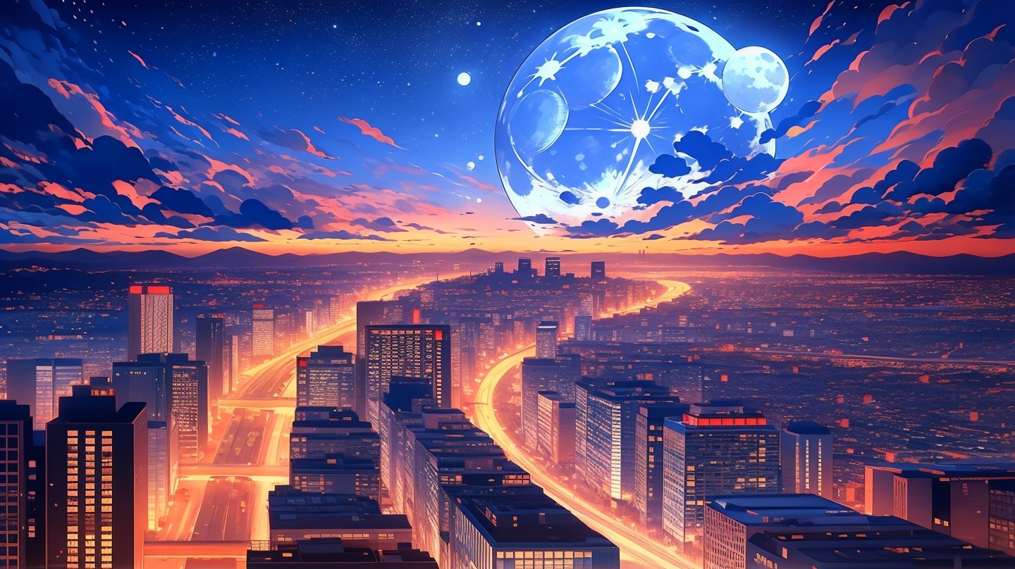 masterpiece:1.3, best quality:1.3, 8k raw ,sky, cloud, no humans, night, moon, cloudy sky, building, star , night sky, scenery, full moon, city, cityscape, skyscraper, city lights, balcony,midjourney,no people,lofi style,