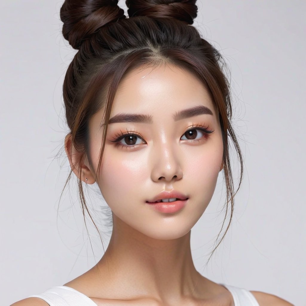 k pop girl, bun hair,nohair on face, clean skin,face shot,4k,realistic,no background