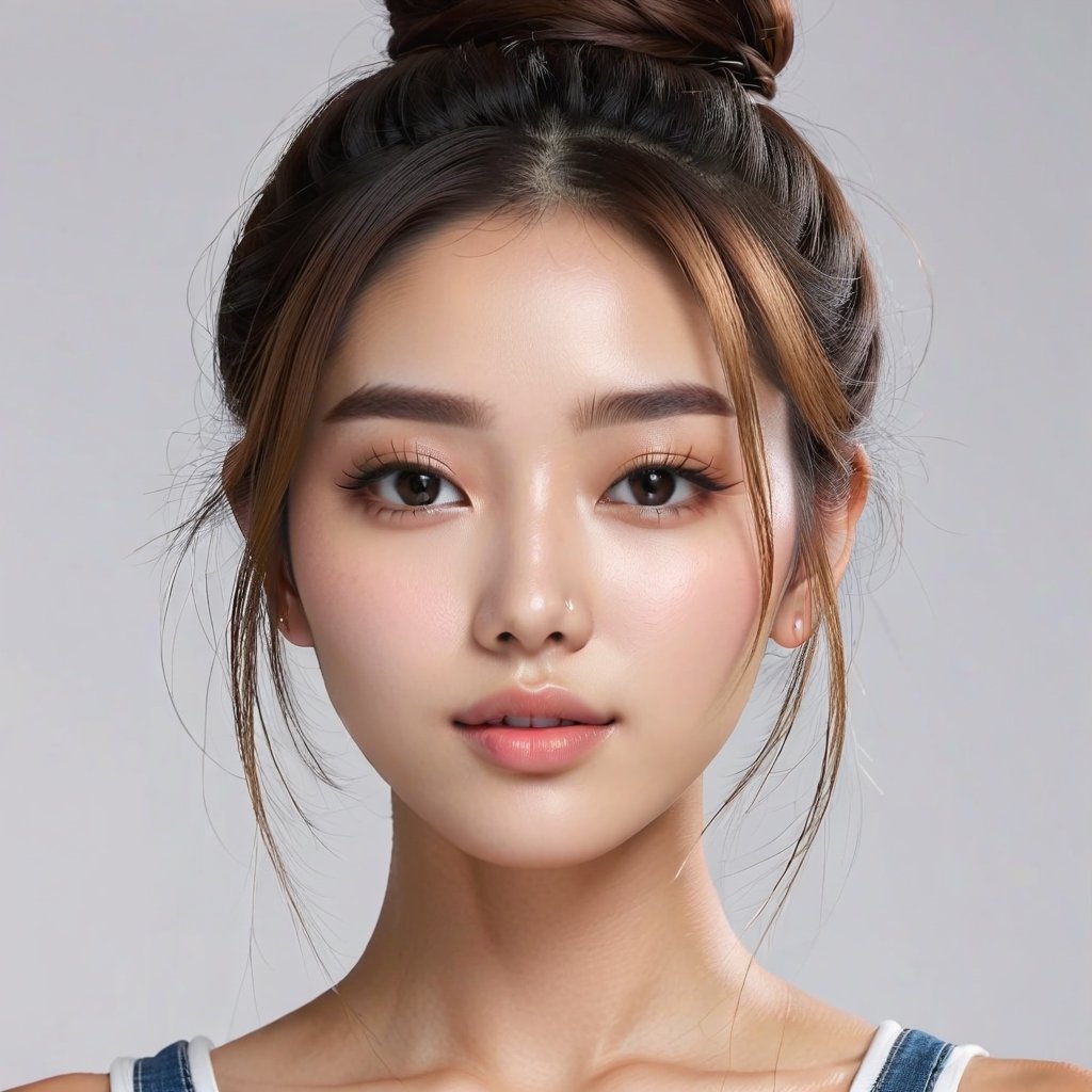 k pop girl, bun hair, clean skin,face shot,4k,realistic,no background