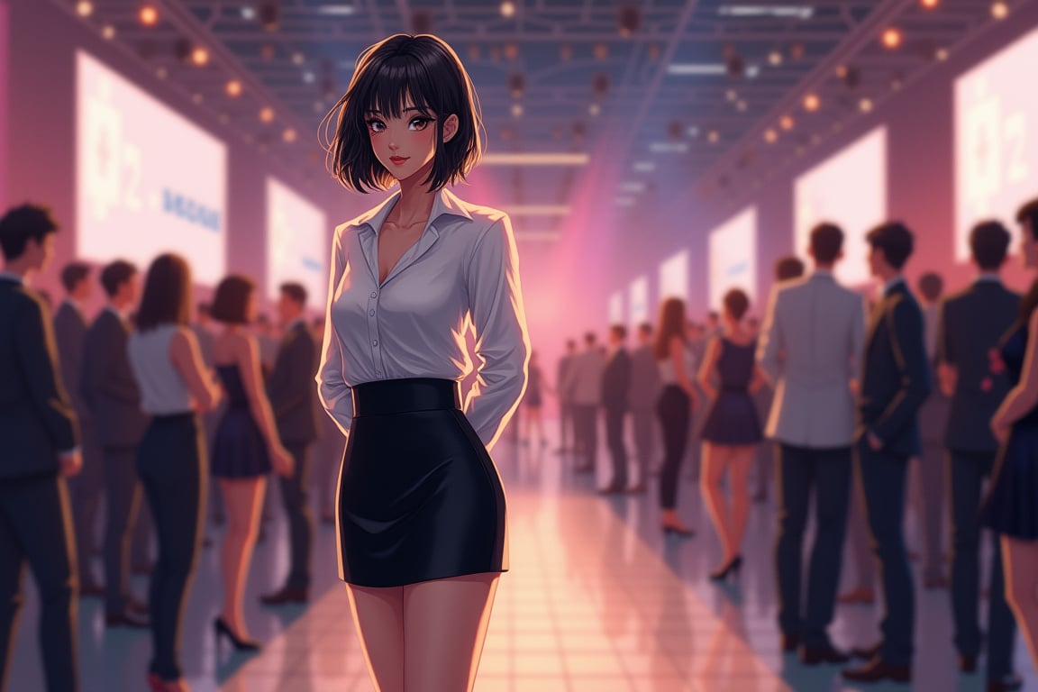 {{best quality}}, {{masterpiece}}, {{ultra-detailed}}, {illustration}, {detailed light}, {an extremely delicate and beautiful},A female host of a business event, with short black hair, high heels, white blouse, black kirt_suit,at the event site,Put hands behind back ,make eye contact,focus on face.Photographic masterpiece