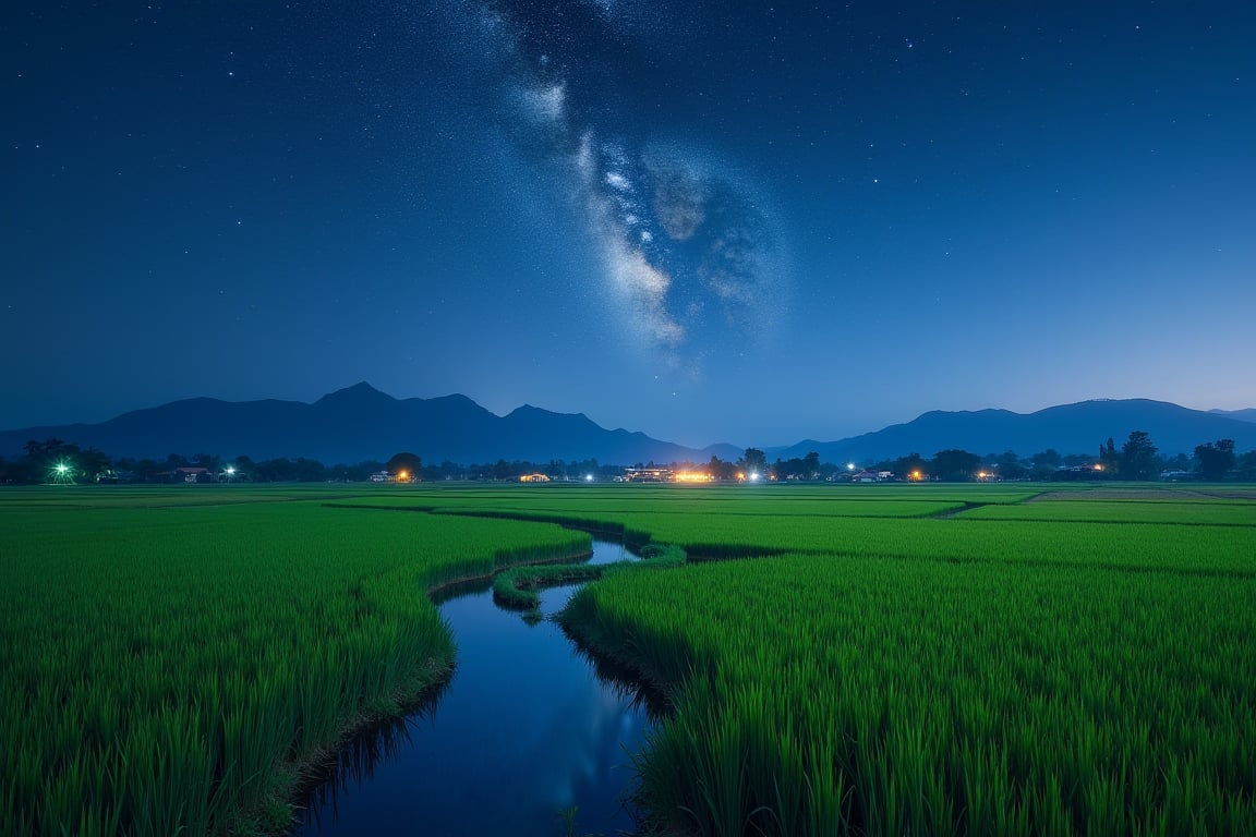 Scenic rice fields, night, starry sky and Milky Way, distant mountains on the horizon, lush farmland, reflections in the water, dim lights from several farmhouses, tranquility in the countryside, realistic, high resolution, bright colors, outstanding photography .