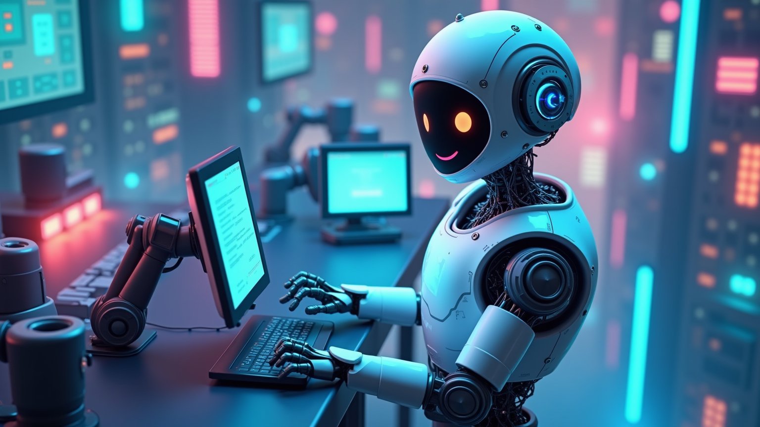 3D, isometric, cyberpunk, a happy robot, assisting at work, neon lights, futuristic cityscape, high-tech environment, vibrant colors, robotic arms, digital screens, efficient machine, cybernetic details, sleek design, sci-fi atmosphere, energetic activity, teamwork, productivity, smiling robot face, electric blue accents, urban futuristic background.