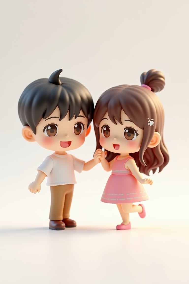 ( soft lighting , very detail face ,white background) ), 3D model , Nendoroid style, Japanese mascot, art toys secret collectible figurine, ((chibi A boy and girl dancing,minimalist cartoon,beautyful smile , happy face , brown eye , glow pastel rainbow, hd texture perfect symmetry, , a symphony of visual balance harmony) ), beautyful 3D render, product picture , relax poses ,  mood shiny.