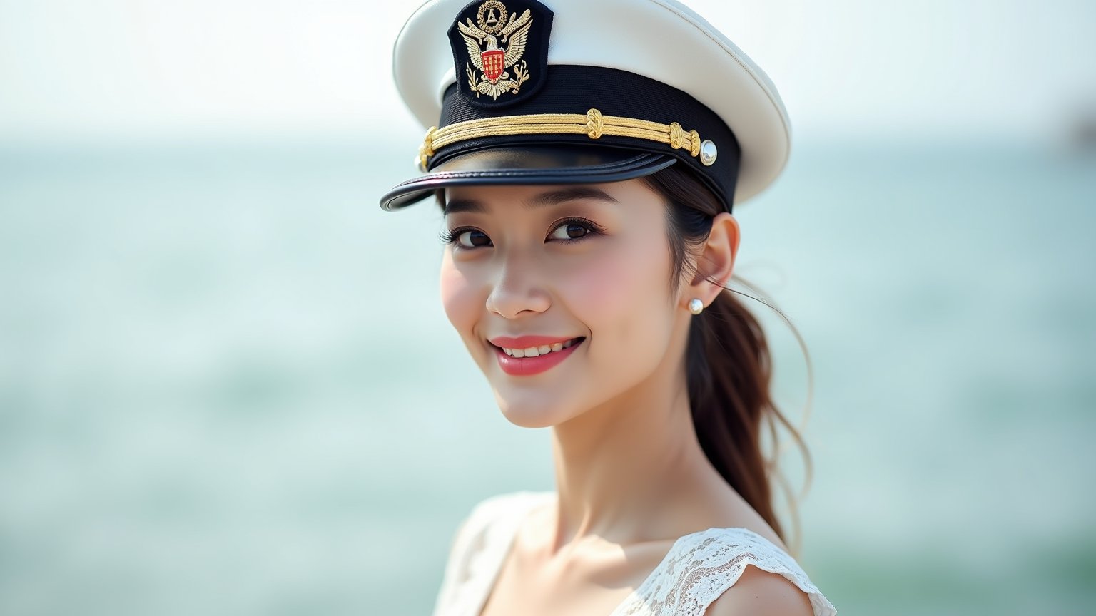 an Asian woman wearing a Captain's Hat, rich texture on the Captain's Hat, Wearing a white lace top,standing by the sea, exceptional photography style, natural lighting, high-resolution, detailed facial features, soft background, elegant and poised, subtle smile, candid moment, captivating eyes.