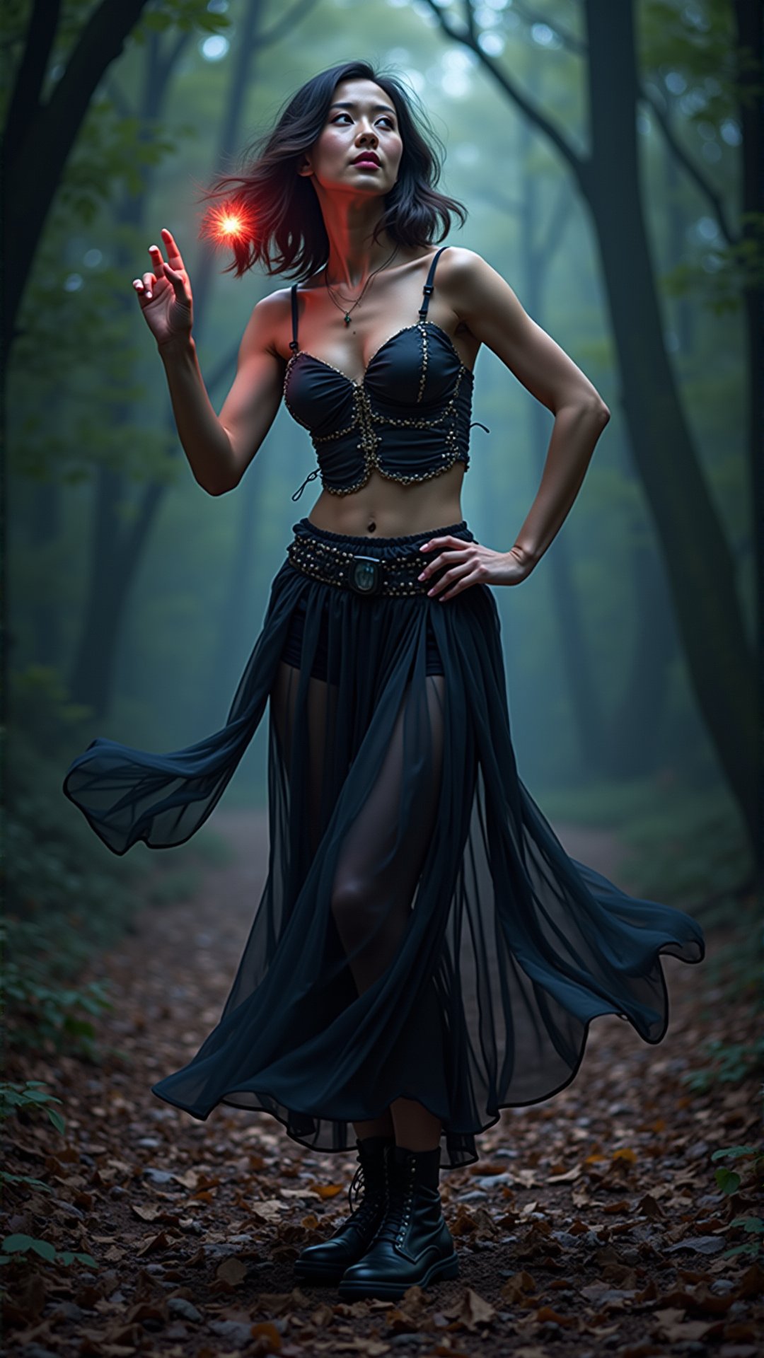 Cyberpunk, An Asian woman dancing in the forest