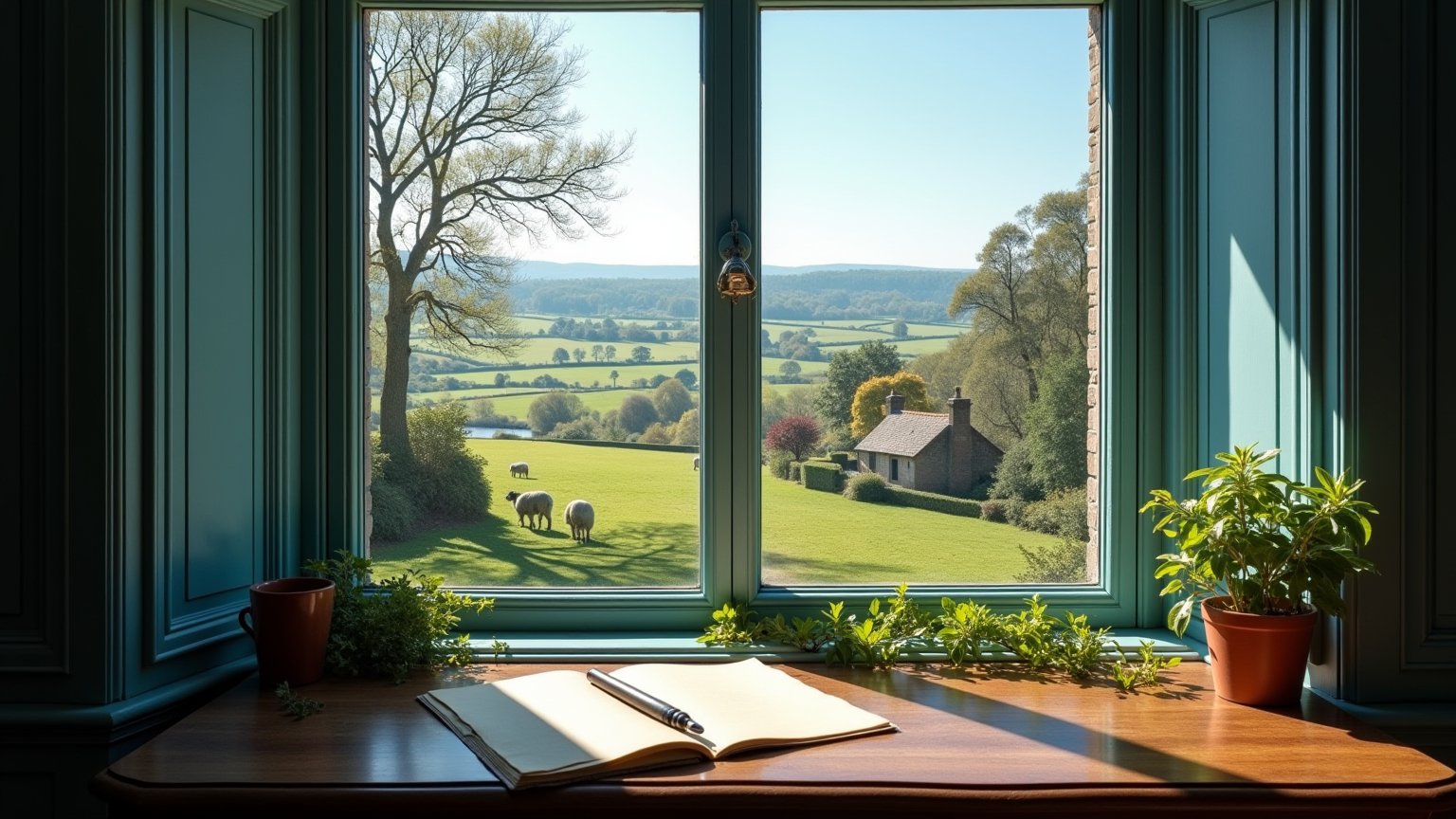 Create an image of a classic Victorian-style window with elaborate wooden frames painted in light blue. Nearby, there should be an antique wooden writing desk with a quill pen and an open parchment. Draped over the desk should be vines from a nearby indoor potted ivy plant. Outside the window, depict a sunny afternoon scene of a picturesque English countryside with rolling green hills, grazing sheep, a picturesque cottage nearby, and a river meandering its way through the landscape. In the far distance, show a forest line against a clear, blue sky.