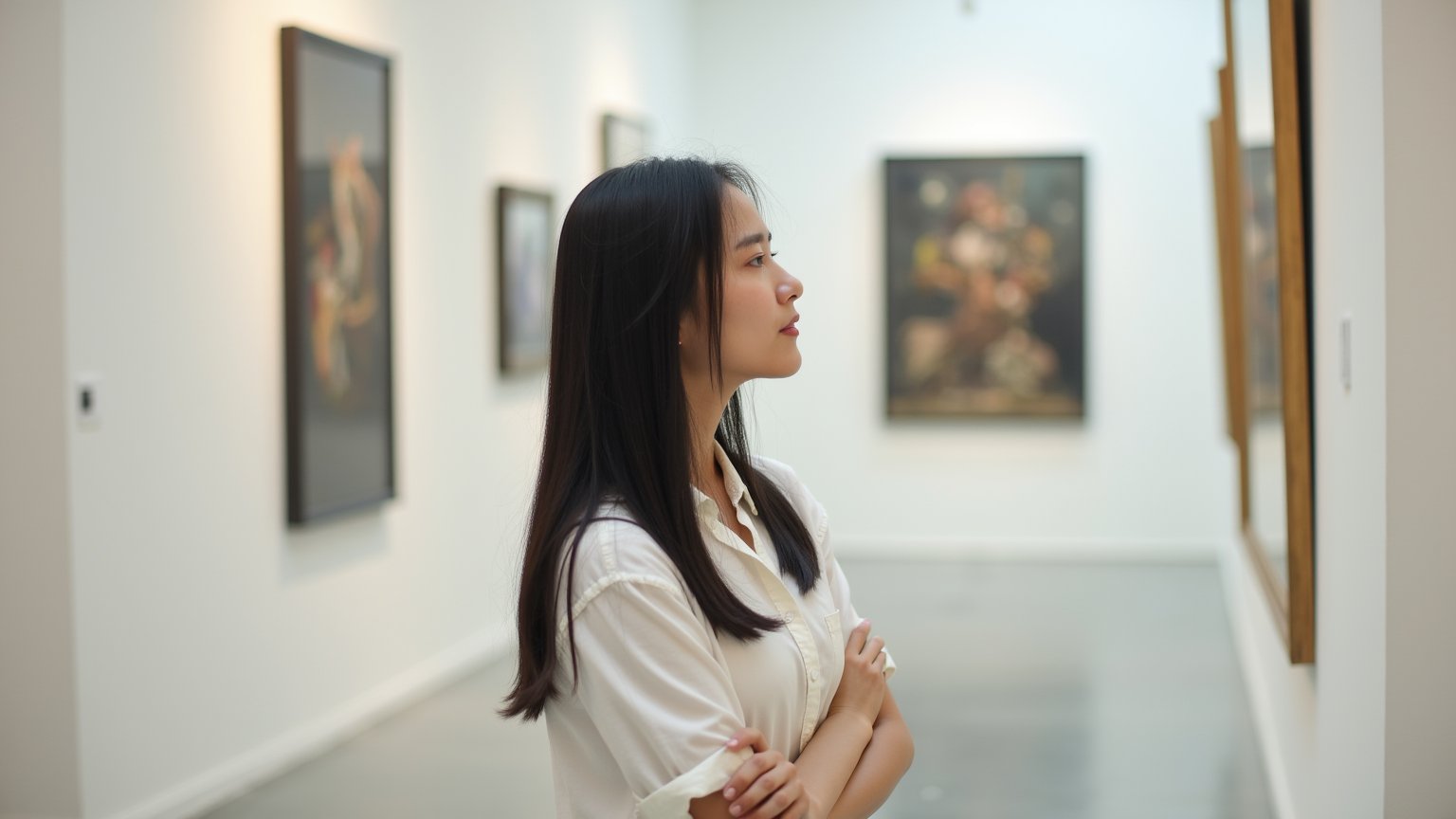 Photograph a 20-year-old Asian woman with long black hair, wearing a white shirt, standing in the middle of an art gallery. She is gazing thoughtfully at a large painting in front of her, with her arms gently crossed in contemplation. The soft overhead lighting casts subtle shadows, highlighting her calm, reflective expression as she immerses herself in the artwork. The minimalist gallery setting, with its high white walls and carefully curated pieces, creates a sense of quiet focus, while her poised stance adds an air of sophistication and introspection to the scene.