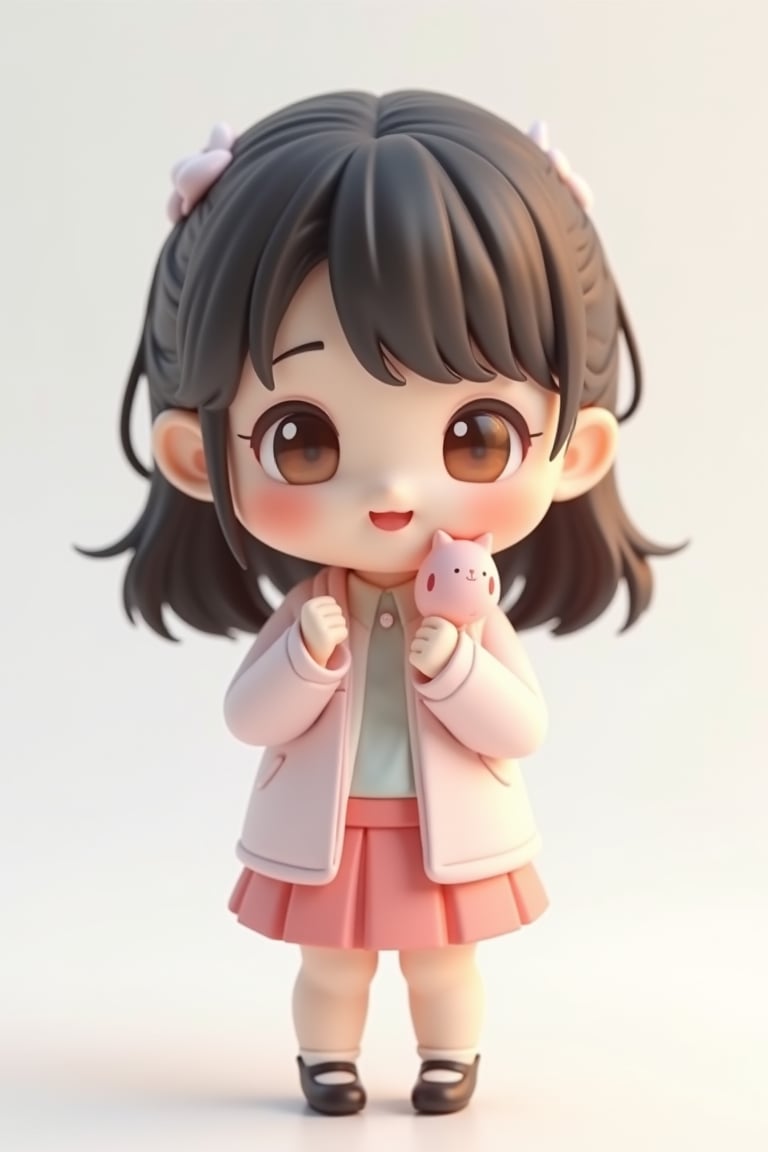 ( soft lighting , very detail face ,white background) ), 3D model , Nendoroid style, Japanese mascot, art toys secret collectible figurine, ((a cute chibi office lady, minimalist cartoon,beautyful smile , happy face , brown eye , glow pastel rainbow, hd texture perfect symmetry, , a symphony of visual balance harmony) ), beautyful 3D render, product picture , relax poses ,  mood shiny.