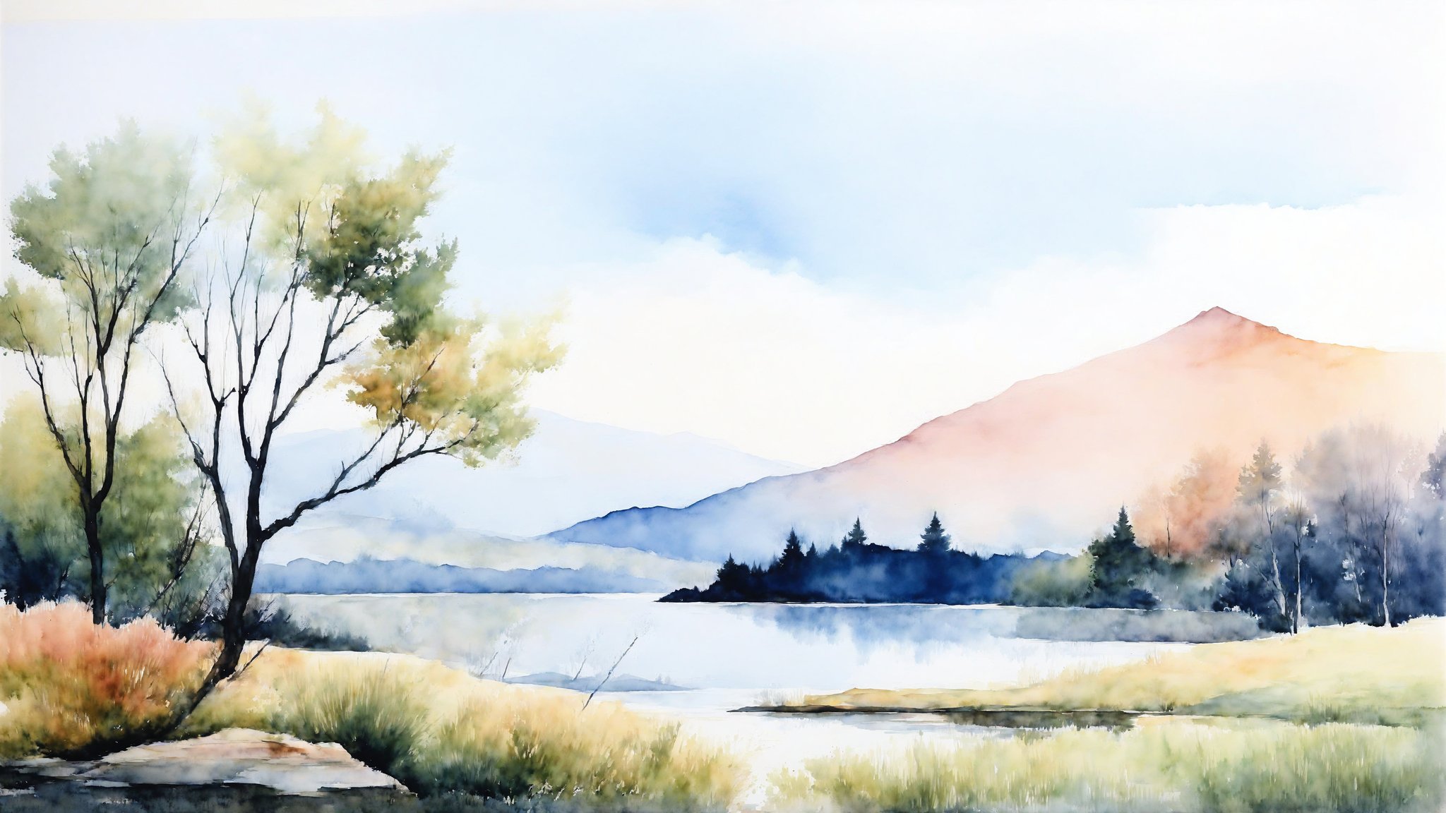 A minimalist watercolor painting of a natural landscape. The scene is tranquil, featuring soft, flowing colors representing trees, mountains, water, and an open sky. The painting captures a peaceful atmosphere with gentle transitions between colors to evoke a sense of calm and harmony with nature.