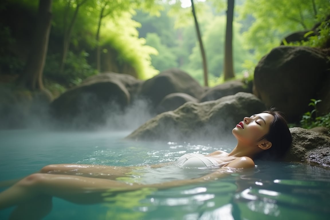 Photographic masterpiece, 20-year-old Asian woman in white swimsuit, relaxing in a natural hot spring, surrounded by lush forest, steam rising from water, enjoy sleep,dappled sunlight through trees, vibrant green foliage, peaceful woodland setting, clear water with rocks visible, soft natural lighting, photorealistic, high-resolution, serene atmosphere,focus on face,close up