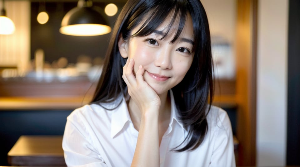 Create an image of a 50-year-old Asian Office Lady with a height of about 5'4" (163 cm). night,It's dark outside,long black hair, White shirt,  in a coffee shop , Put hands on face, shy smile,look at viewer, focus on face,