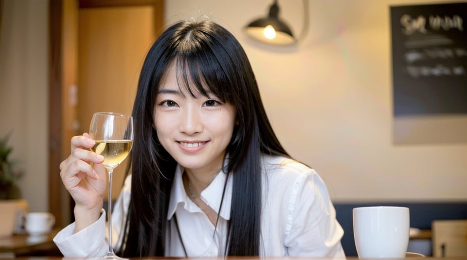 Create an image of a 50-year-old Asian Office Lady with a height of about 5'4" (163 cm). night,It's dark outside,long black hair, White shirt,  in a coffee shop , Hand holding white wine glass, look at viewer,smile, focus on face,(close up:1),from below