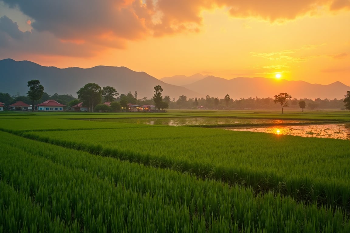 Scenic rice fields, orange sky at sunset, white clouds, beautiful sunset, distant mountains on the horizon, lush farmland, reflections in the water, warm lights from several farmhouses, tranquility in the countryside, realistic, high resolution Fast, colorful, outstanding photography.