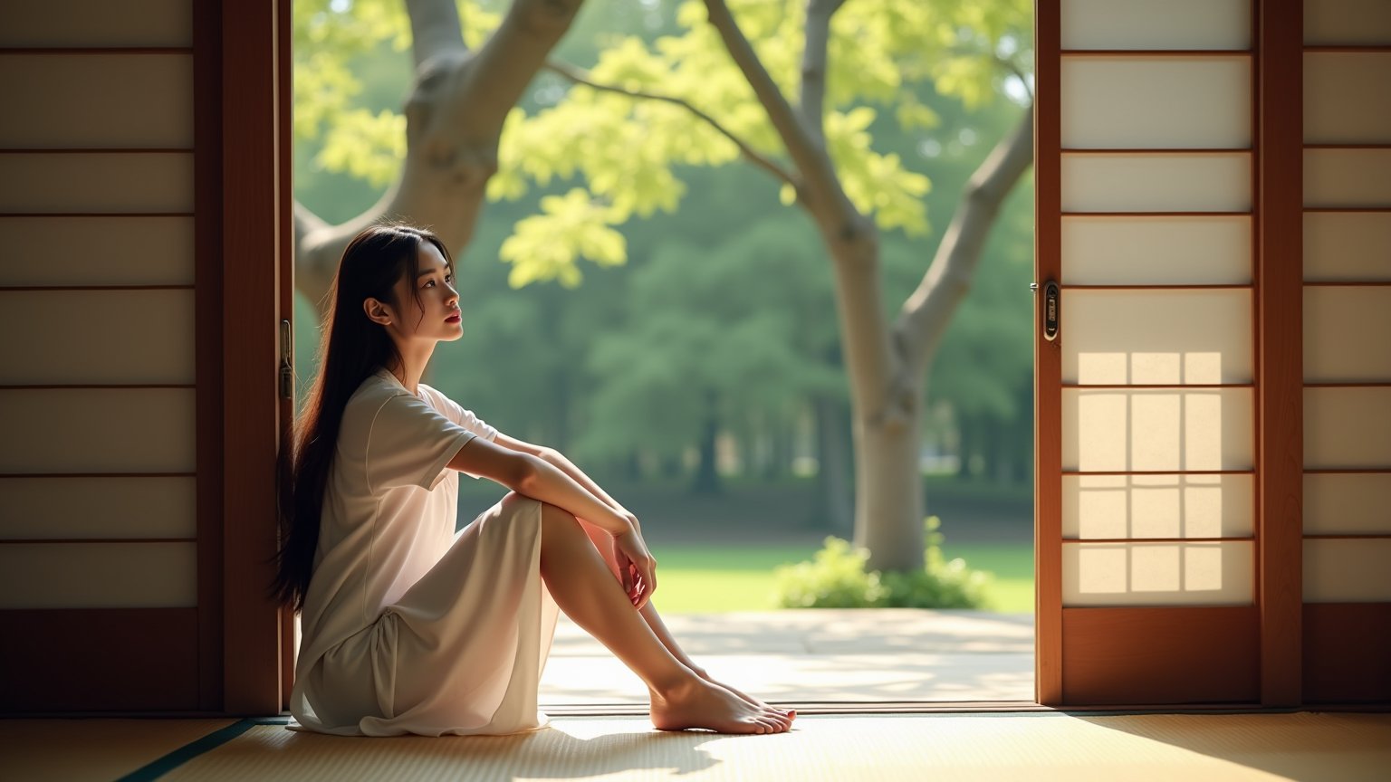 Realistic,photographic masterpiece,20-year-old Asian woman, long hair, white dress, barefoot, sitting by sliding doors inside Japanese house, view from interior looking out, Relaxed expression, large tree visible in traditional Japanese garden,  sliding doors, tatami mats, wooden beams, gentle breeze implied, late afternoon glow,  whimsical details,close up, side view,focus on face